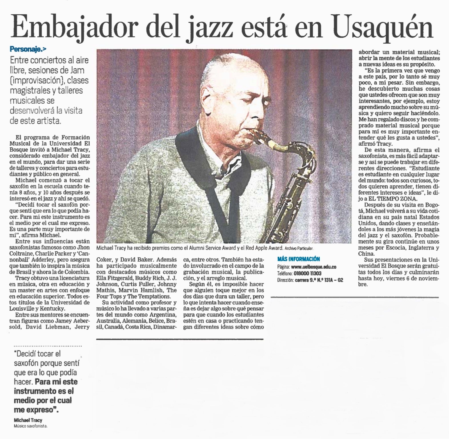 Embajador del jazz está en Usaquén
